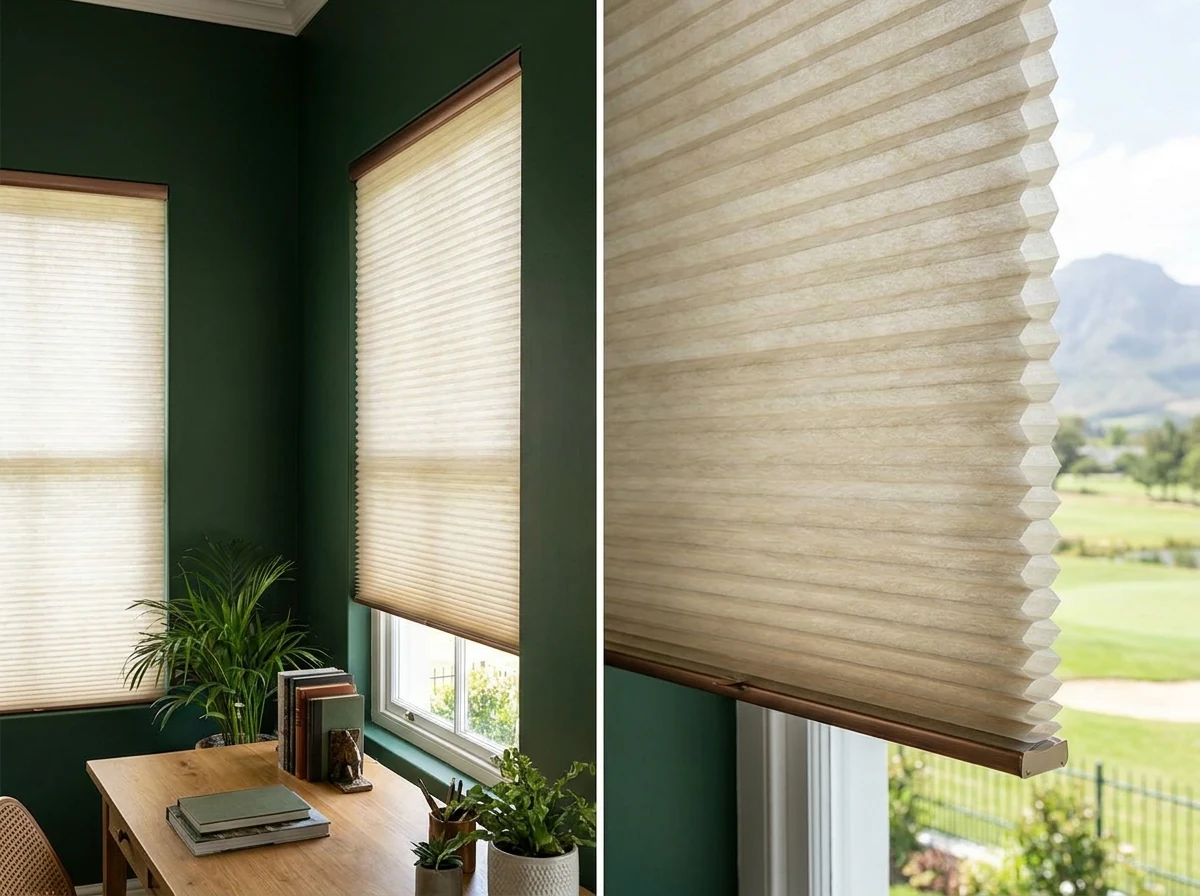 Cellular honeycomb blind on a study window in an Erinvale Golf Estate home, insulating against the Cape winter chill