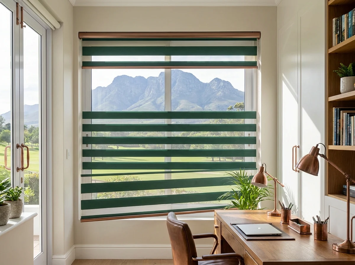 Day and night banded roller blind on a study window in an Erinvale Golf Estate home, Somerset West