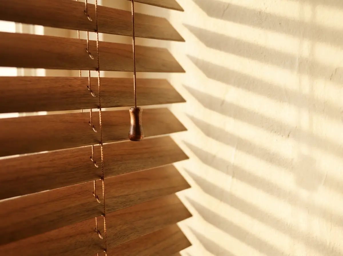 Close-up of timber venetian blind slats and an antique copper pull, salt-air-rated hardware for Erinvale's position near the Helderberg coast