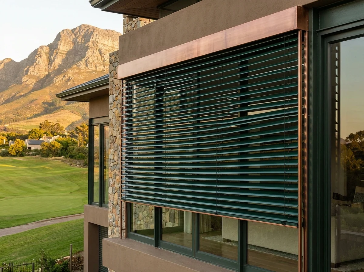 External aluminium venetian blinds mounted outside a window on an Erinvale Golf Estate home facade, Helderberg mountain behind