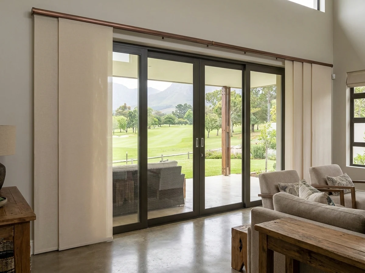 Vertical panel blinds sliding across wide patio doors in an Erinvale Golf Estate home