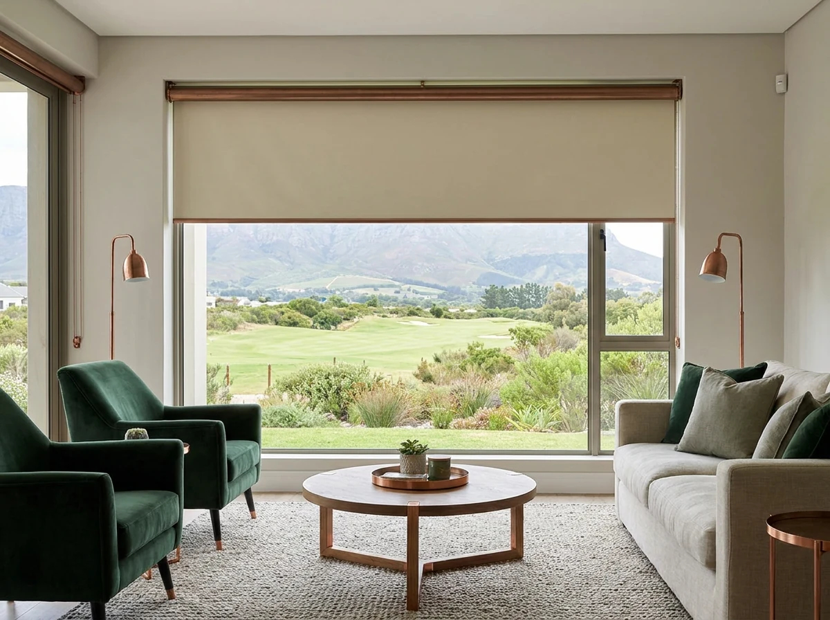 Sunscreen roller blind fabric on a living-room window in an Erinvale Golf Estate home, with the fairway and Helderberg mountain beyond