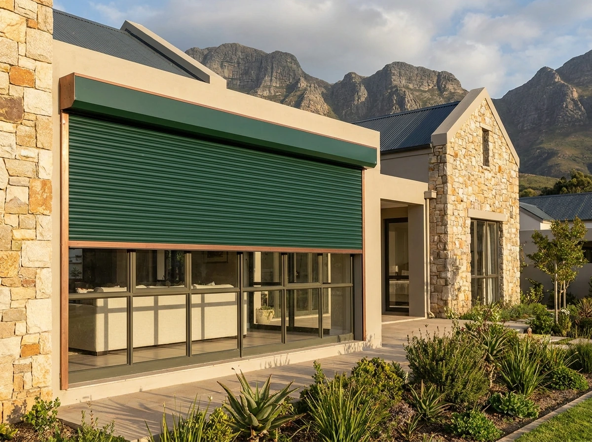 Aluminium roller shutter partially lowered on the exterior of an Erinvale Golf Estate home for sun and glare control