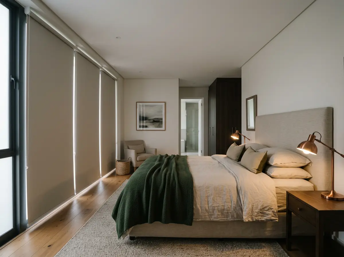 Main bedroom with a blockout roller blind lowered in an Erinvale Golf Estate home