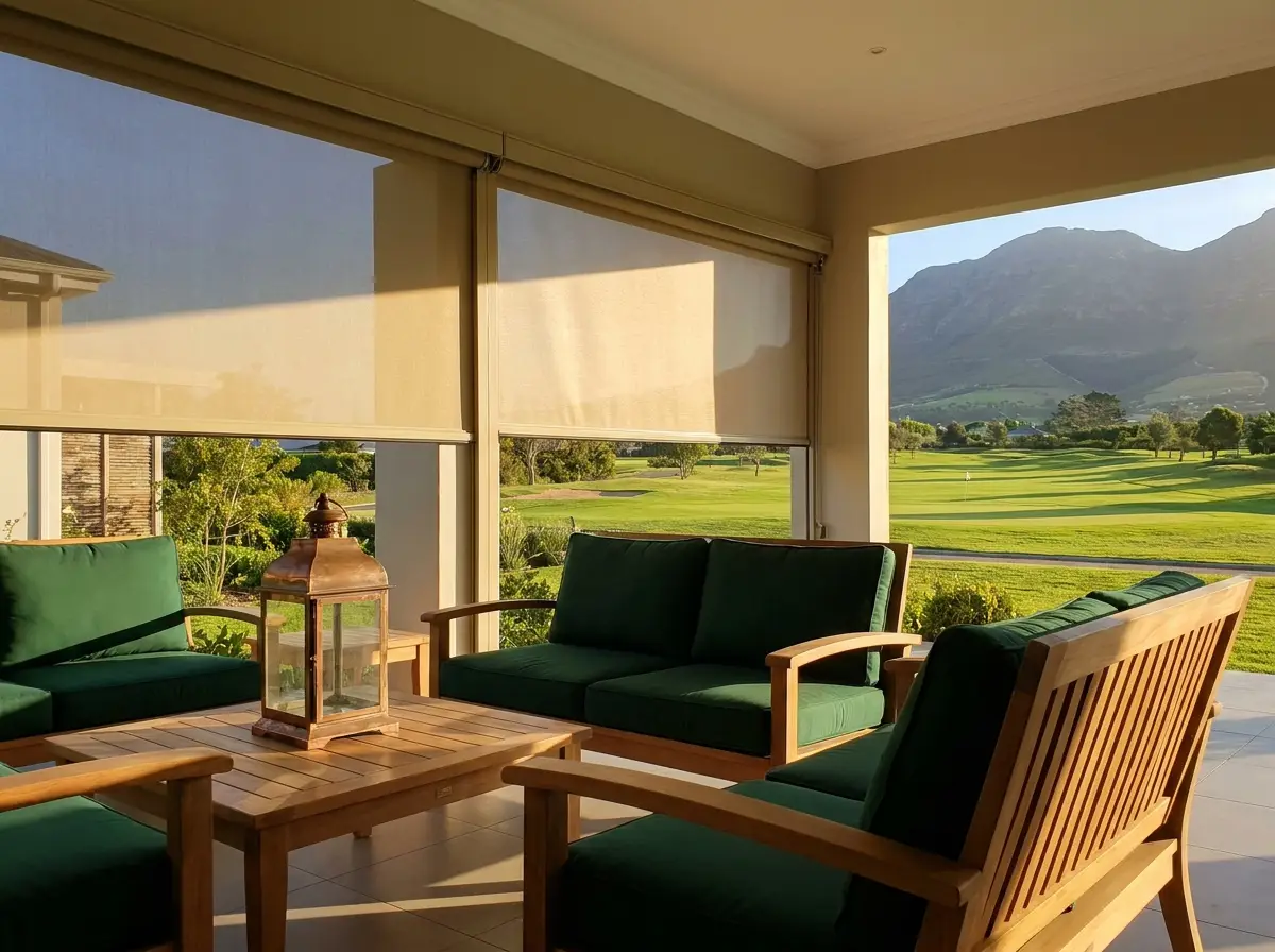 Outdoor entertaining patio at an Erinvale Golf Estate home with exterior roller screens lowered against the afternoon sun, fairway and Helderberg mountain beyond