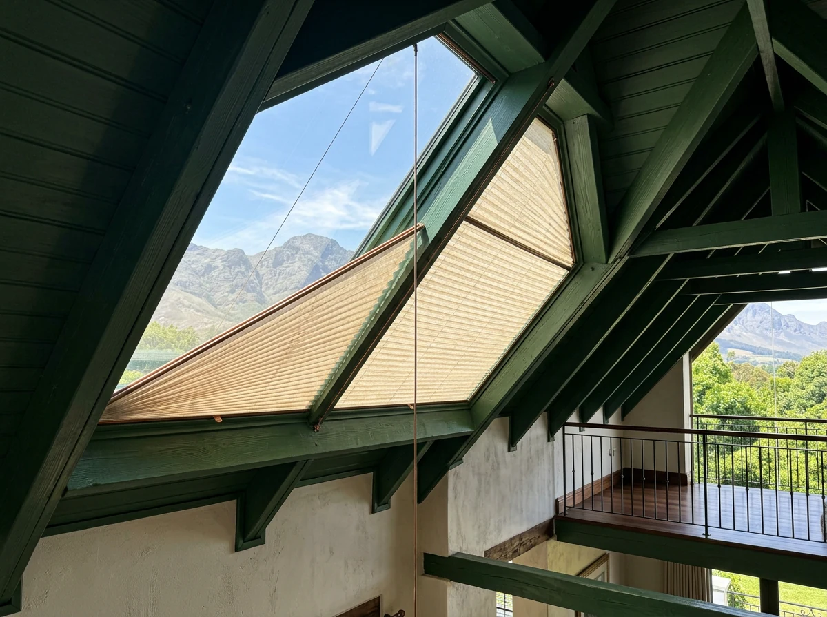 Shaped pleated blind fitted to a gable skylight window in an Erinvale Golf Estate home