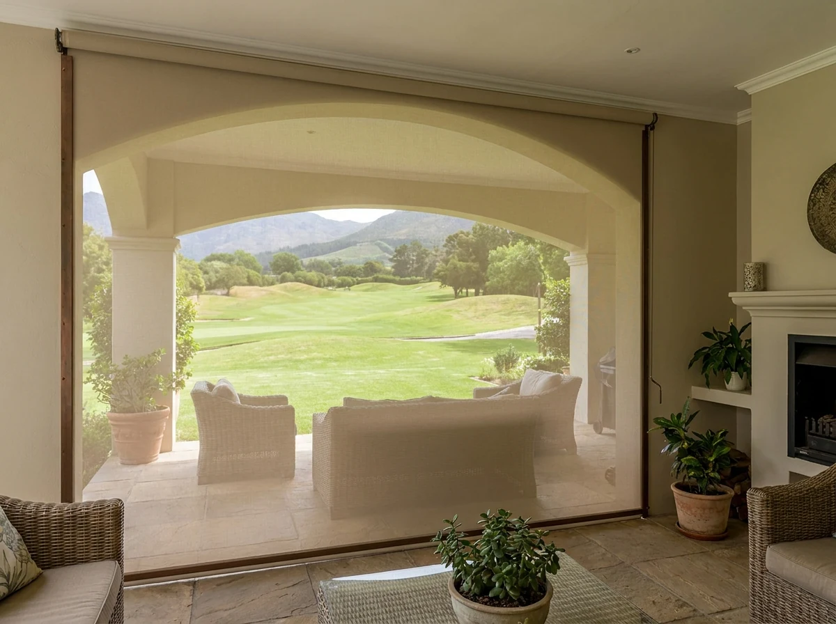 Zip-track screen blind enclosing a patio archway at an Erinvale Golf Estate home, golf course visible through the mesh
